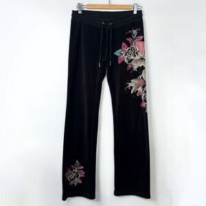 Y2K Ed Hardy Rhinestone Fish Floral Black Terry Cloth Sweatpants M Womens VTG
